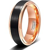 TRUMIUM 6mm 8mm Tungsten Rings for Men Women Black Wedding Band 24K Gold Plated/Rose Gold Plated Step Edges Comfort Fit Size 6-13