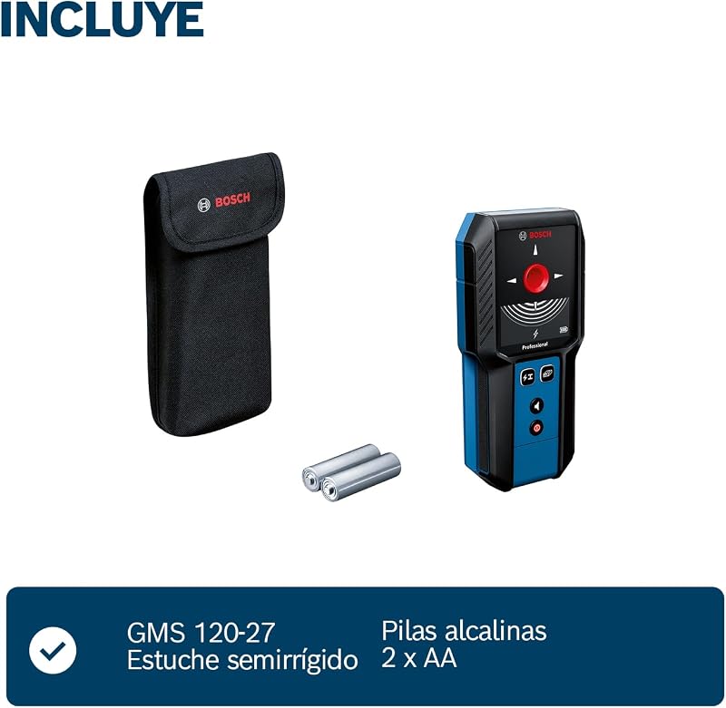 detetor de parede GMS 100-23 (profundidade máxima de deteção de metal não magnético/metal magnético/fios vivos/madeira: 100/80/50 mm, 2 pilhas AA, saco)