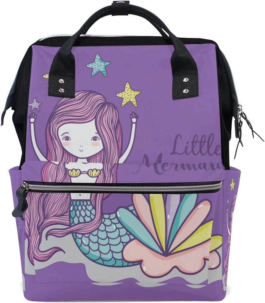 Purple Cute Mermaid Diaper Bag Backpack Mom Bag Casual Lightweight Large Capacity for Travel Mammy Women Girls