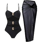 WDIRARA Women's 2 Piece Swimsuit Metal Cut Out Bathing Suit with Cover Up Skirts
