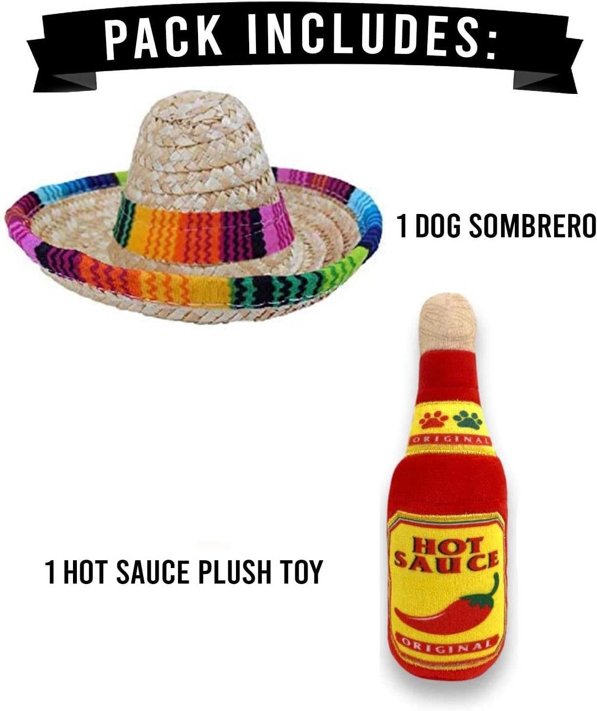 Dog Sombrero and Hot Sauce Plush Toy Pack - Funny Dog Costume and Chew Squeak Toy - Chihuahua Clothes - Mexican Party Decorations : Kitchen & Dining