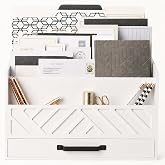 BLU MONACO | Wooden Mail Organizer with Drawer | Mail Organizer Countertop with 6 Compartments | Bill Holder for Desk | White Desktop Mail Sorter