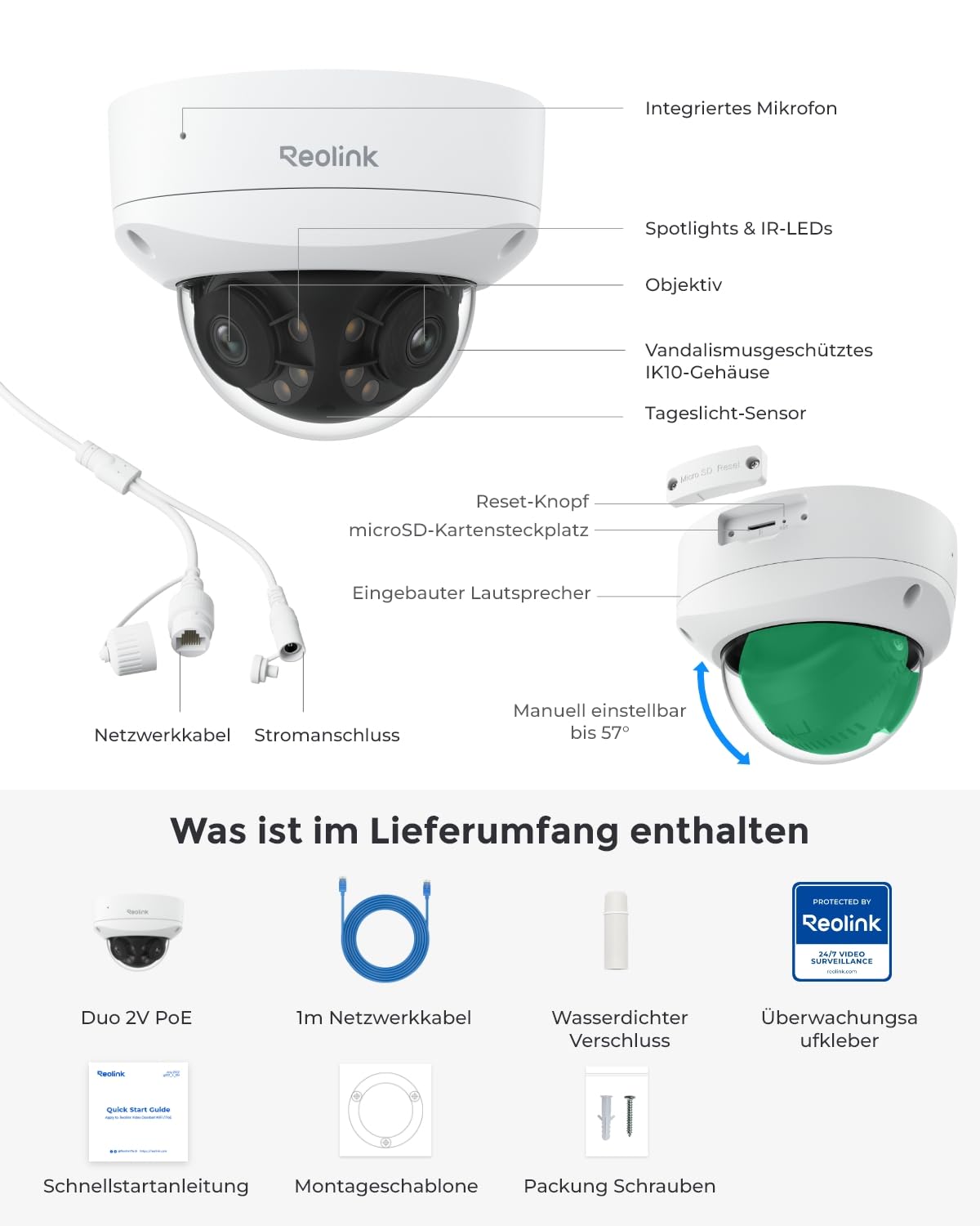 Reolink 4K 8MP 180° Dual-Objektiv PoE IP-Kamera, IK10 Vandalismusschutz, Personen-/Fahrzeug-/Tiererkennung, IR- und Farb-Nachtsicht, Zwei-Wege-Audio, IP67 Wetterfest, Power Over Ethernet, Duo 2V PoE 7