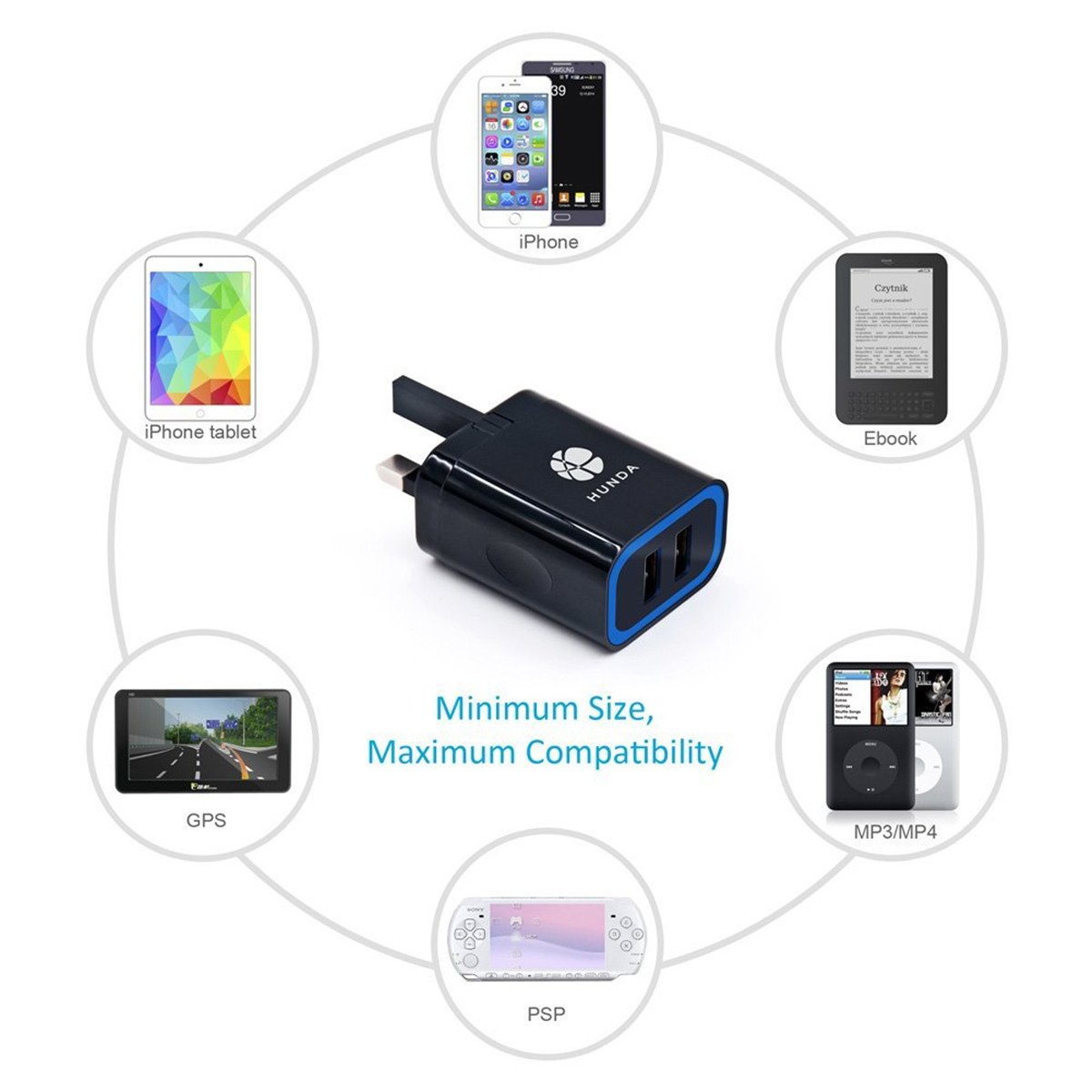 USB Charger Plug Hunda 3.1A 2-Port Mains Wall Charger with Smart IC UK Plug (Travel Adapter, Fast and Safe) for iPhone iPad Samsung HTC Kindle LG Smartphones Tablet & USB Socket Devices