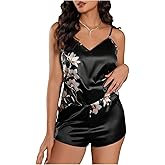 OYOANGLE Women's Floral Pajama Sets V Neck Camisole Top and Mini Shorts Set Elegant 2 Piece Satin Nightwear