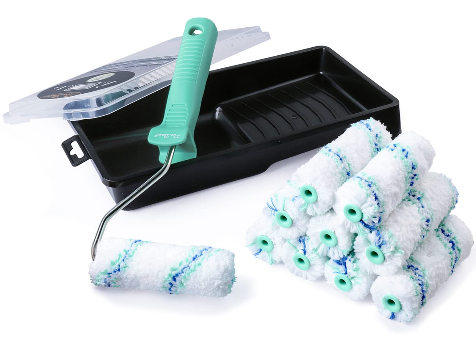 Photo 1 of 4 inch Small Paint Roller Tray Set, PinStone 12pcs 4" Mini Paint Roller with Extension Threads, 10 Microfiber Covers & Paint Preservation Tray Lid, Mini Rollers for Painting Walls, Cabinets, Touch-ups
