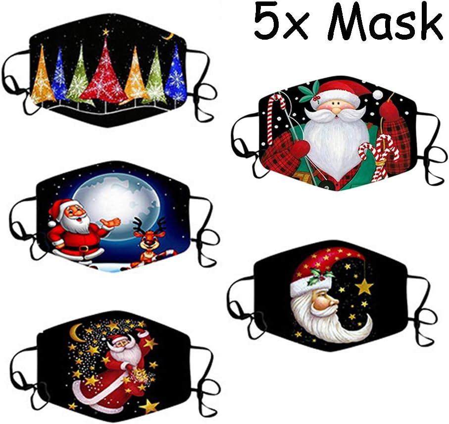 Sayla 5 Pc Merry Christmas Face_Mask Face Cover Bandana Filter, Santa Elk Snowman New Year Unisex Reusable Breathable Washable Anti Dust Mouth Protection,Safety Balaclava for Motorcycle Cycling (L)