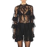 Women Lace Floral Sheer Mini Dress Sexy See Through Long Sleeve Dress High Neck Loose Ruffle Dresses Beach Cover Up