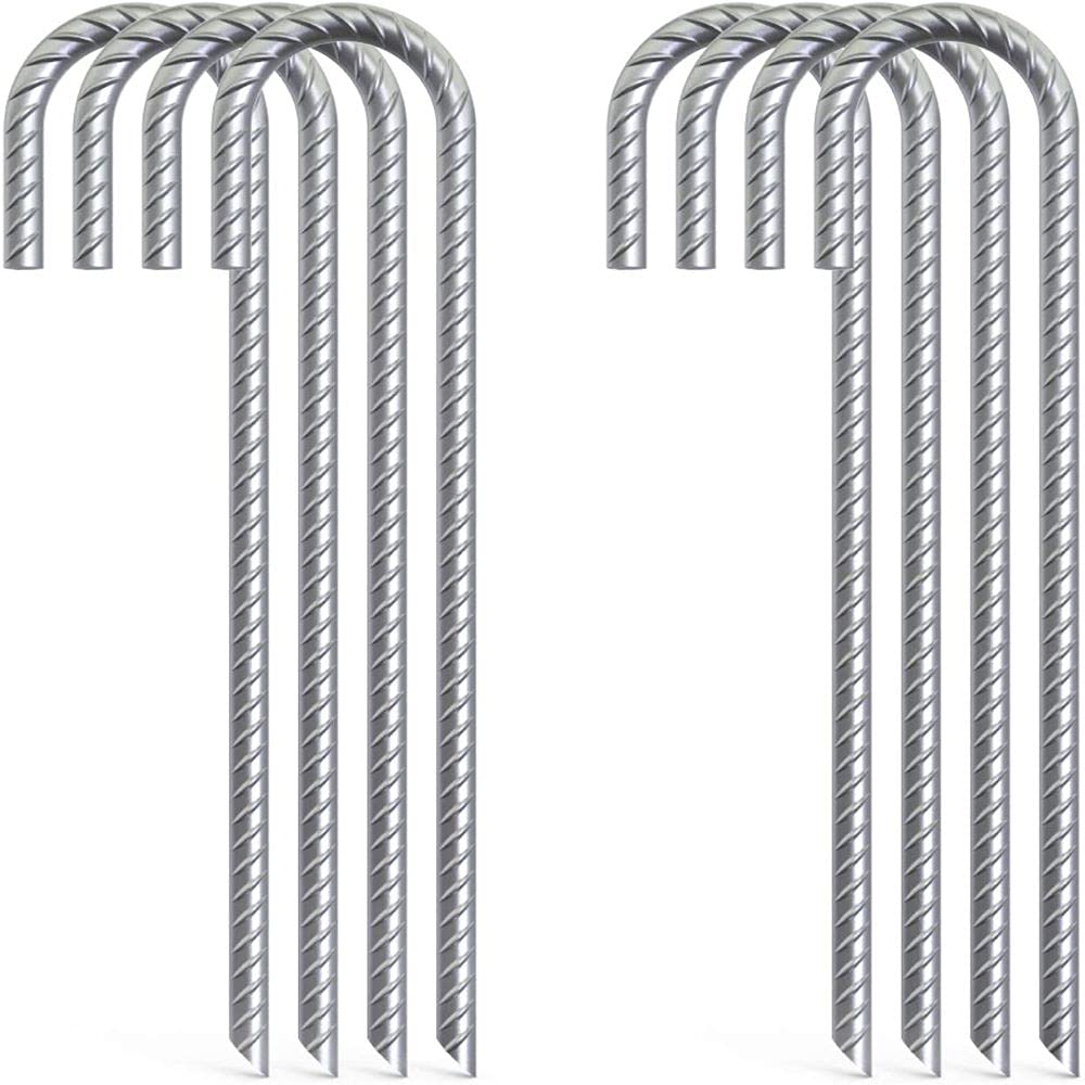 HBSTK 8 * 30cm Heavy Duty Galvanised Steel Ground Rebar Stakes J Hooks Anchors Anchorage Stakes Tent Pegs for Castles,Tents,Trampolines,Bouncy,Camping,Football Nets