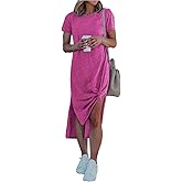Alaster Women’s Casual T-Shirt Midi Dress Short Sleeve Summer High Splits Dress with Pocket High Low Solid Midi Dress