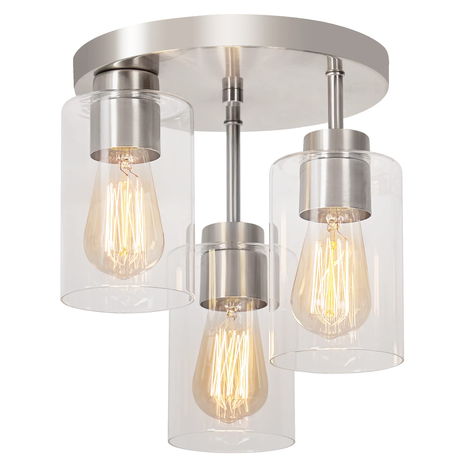 Photo 1 of foucasal Semi Flush Mount Ceiling Light 3-Light Brushed Nickel Flush Mount Ceiling Light Fixtures with Clear Glass Shade, Modern Kitchen Ceiling Light for Bedroom Stairs Porch Hallway Entryway