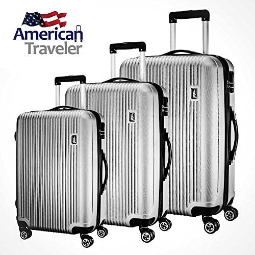 3 Piece Luggage Set by American Traveler - Lightweight, Anti-scratch - Glossy Striped Suitcase, Durable ABS material, 360 Spinner Wheels, and TSA Lock