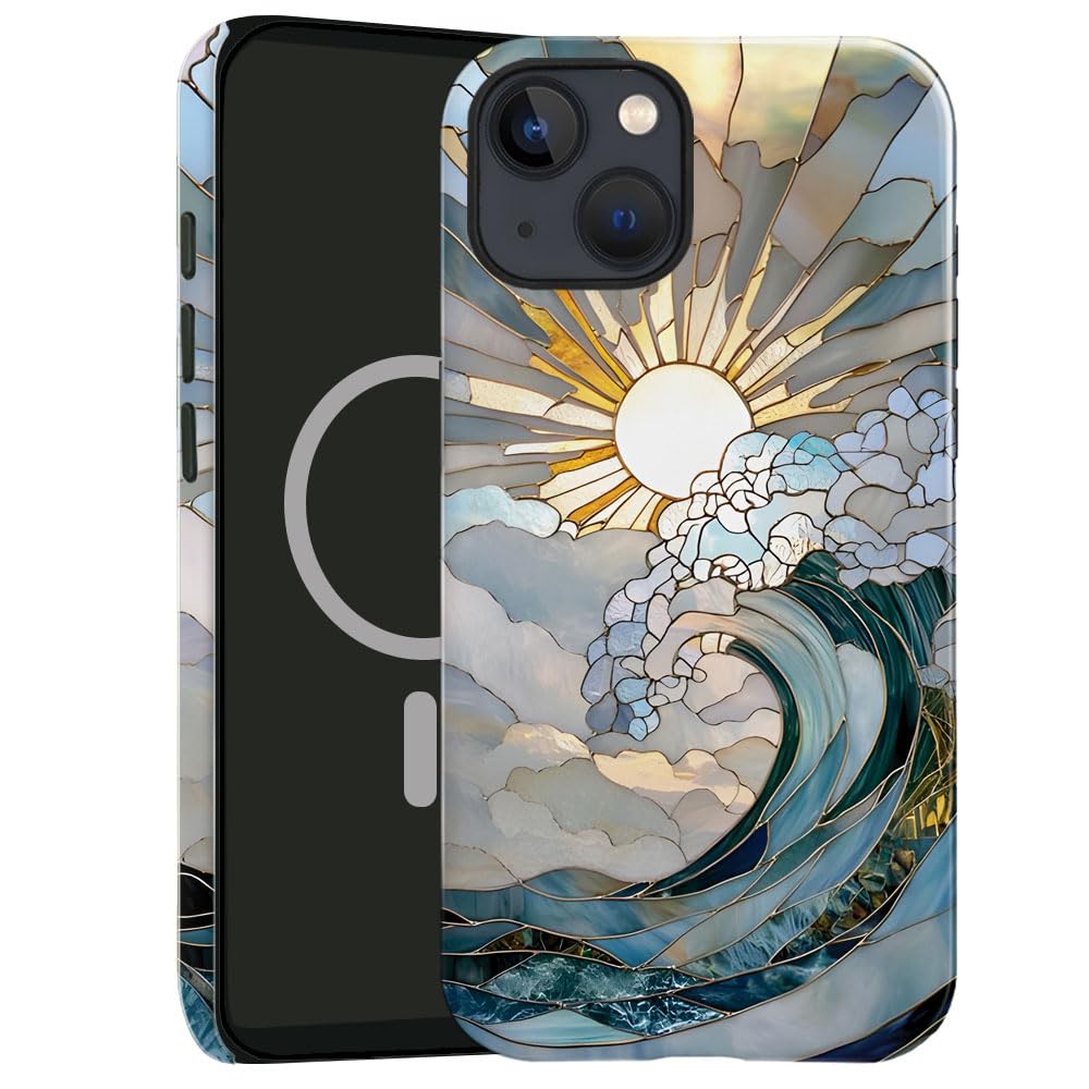 Photo 1 of TnXee Case Compatible with iPhone 15,Compatible with MagSafe,Glossy Fall Prevention Hybrid 2-Layer Hard Shell Cases for Girls Boys,Ocean Waves Sunrise