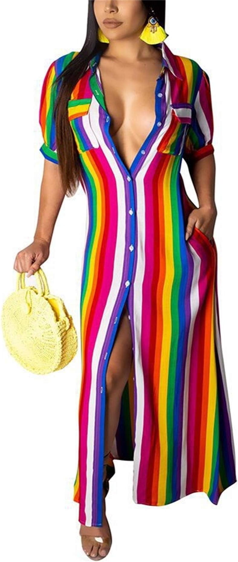 Women's Sexy V Neck Long Sleeve Striped Long Maxi Dress Button Down Shirt Dress