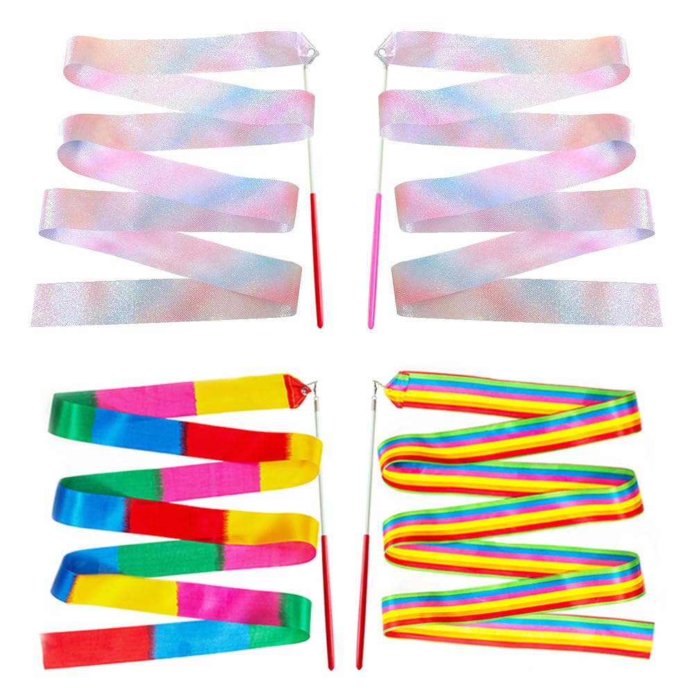 TRKETK 4 Pieces Gymnastics Dance Ribbons, Rhythmic Dance Ribbons Dance Ribbons for Children 78.7 Inch Gymnastics Ribbon Sparkling Dance Ribbon with a Twirling Rod Rainbow Gym Ribbon