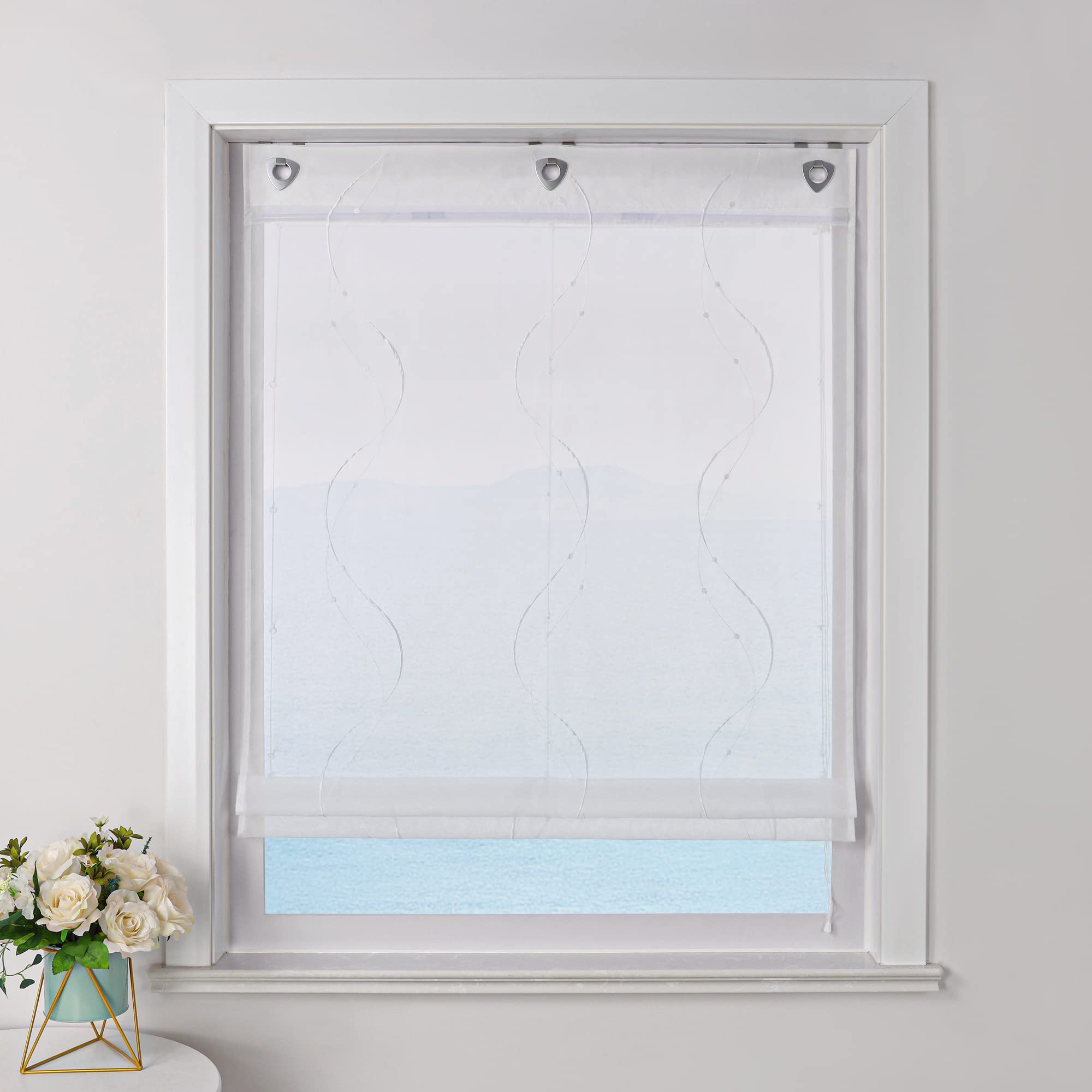 ESLIR Roman Blind No Drilling Required White Roman Curtain with Eyelets Transparent Curtains with U-Hooks Eyelet Blind Modern Embroidered White W x H 100 x 140 cm Pack of 1