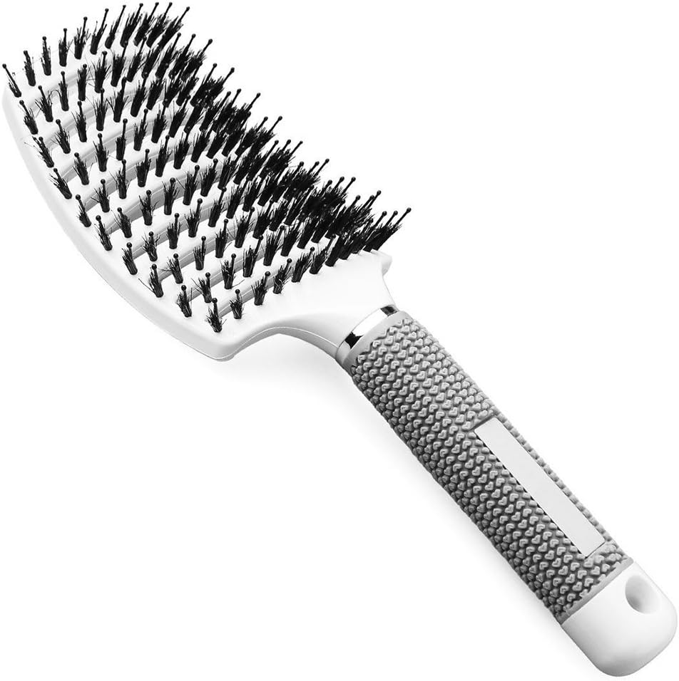 Longtrix Large Curved Vent Hair Brush with Boar Bristles Anti Static Lightweight for Blow Drying and Styling (White, DB-7)