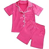 Multitrust Baby Girls Boys Silk Pajamas Set Solid Short Sleeve Button Down Shirts Tops and Shorts Infant Satin Pj Lounge Sets