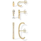 PAVOI 14K Gold Plated 925 Sterling Silver Posts Multi Pack Earscape Statement Earrings for Women - Set of Three Minimalist Suspender Ear Cuff Huggie Stud Dangle Earrings Piercings