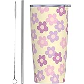 YIKISSKID Daisy Flower 20oz Tumbler with Lid and Straw for Women, Retro Floral Aesthetic Insulated Mug Cartoon Purple Groovy Flowers Stainless Steel Tumbler Double Wall Vacuum Travel Mug Coffee Cup