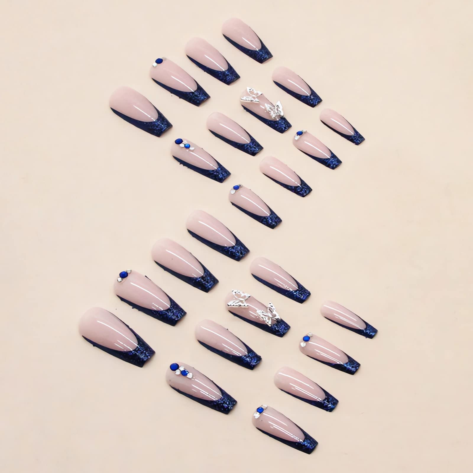 IMSOHOT Long Press on Nails Coffin French Tip Fake Nails Blue Butterfly Rhinestone False Nails with Designs Full Cover Acrylic Nails Glossy Glitter Glue on Nail for Women 24pcs - Image 2