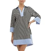 Kwoki Women's Striped Summer Mini Dress 2026 Casual Patchwork Lapel V Neck 3/4 Sleeve Elegant A Line T Shirt Dresses