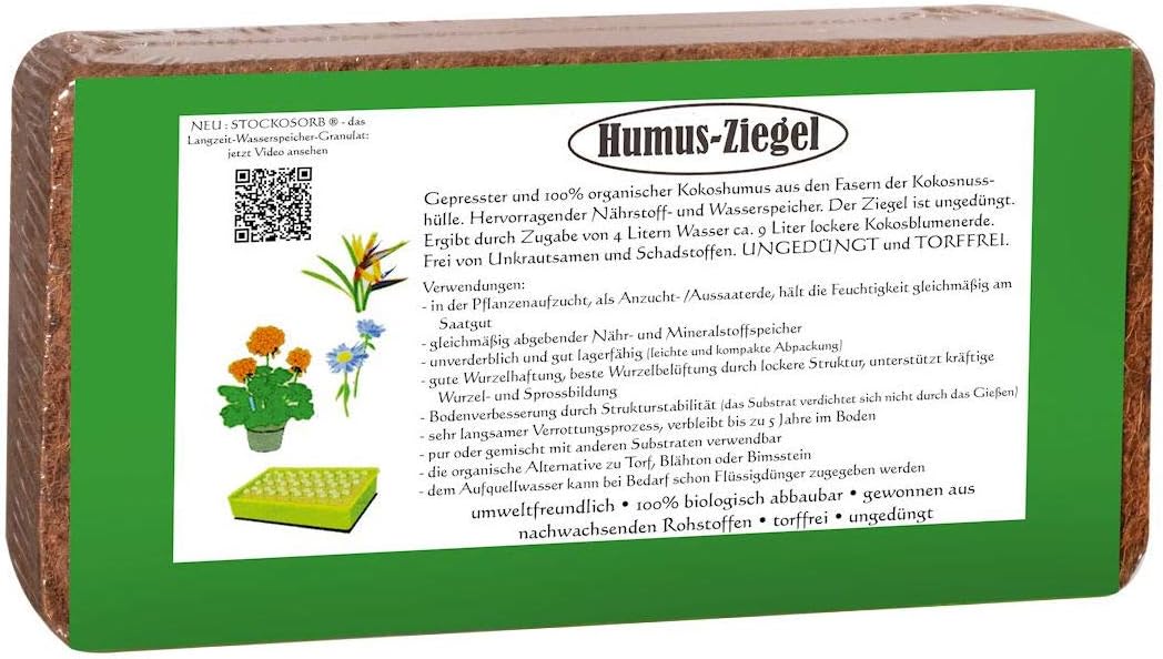 Humusziegel - Kokoserde gepresste Blumenerde aus Kokosfaser 10 x 650g - 90 L