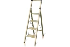 flygeneral 4 Step Ladder, Gold Aluminum Folding Ladder Stool, Wider Upgraded Non-Slip Treads, Portable Lightweight Ladder for Home and Kitchen, Holds up to 330 Lbs.