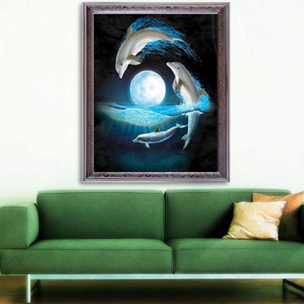 comeslele Paint by Number Kits Dolphins Moon Partial Drill Diamond Painting Wall Cross Stitch Embroidery Decor - X542