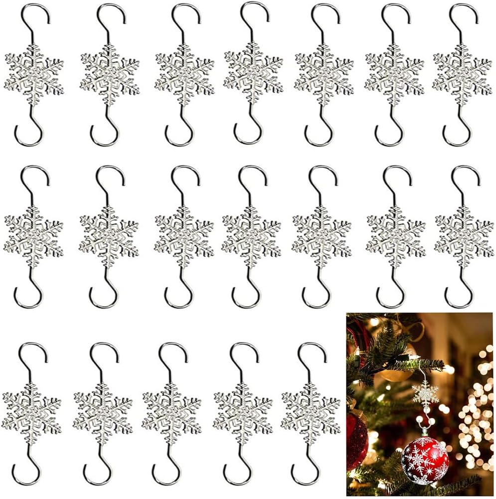 Ornament Hooks - Ornament Hooks for Hanging Christmas Decorations, 20 PCS Silver Snowflake S-shaped hangers Hook Swirl Christmas Tree Hanger Metal Hooks with Crystal Beaded for Xmas Christmas Tree for Small Ornament
