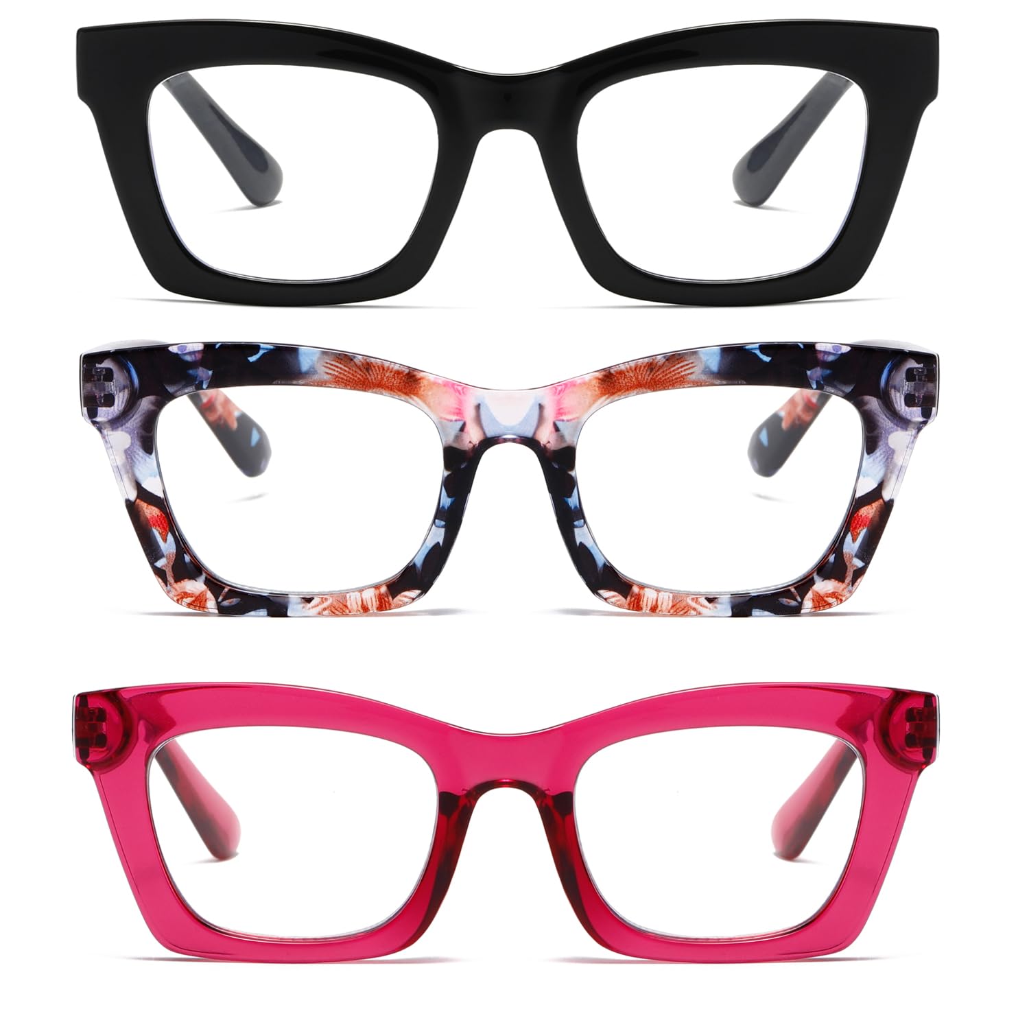 Hubeye Reading Glasses for Women Oprah Style Blue Light Blocking Oversized Square Spring Hinge Computer Readers (Black+Rose Red+Floral, 3.50)