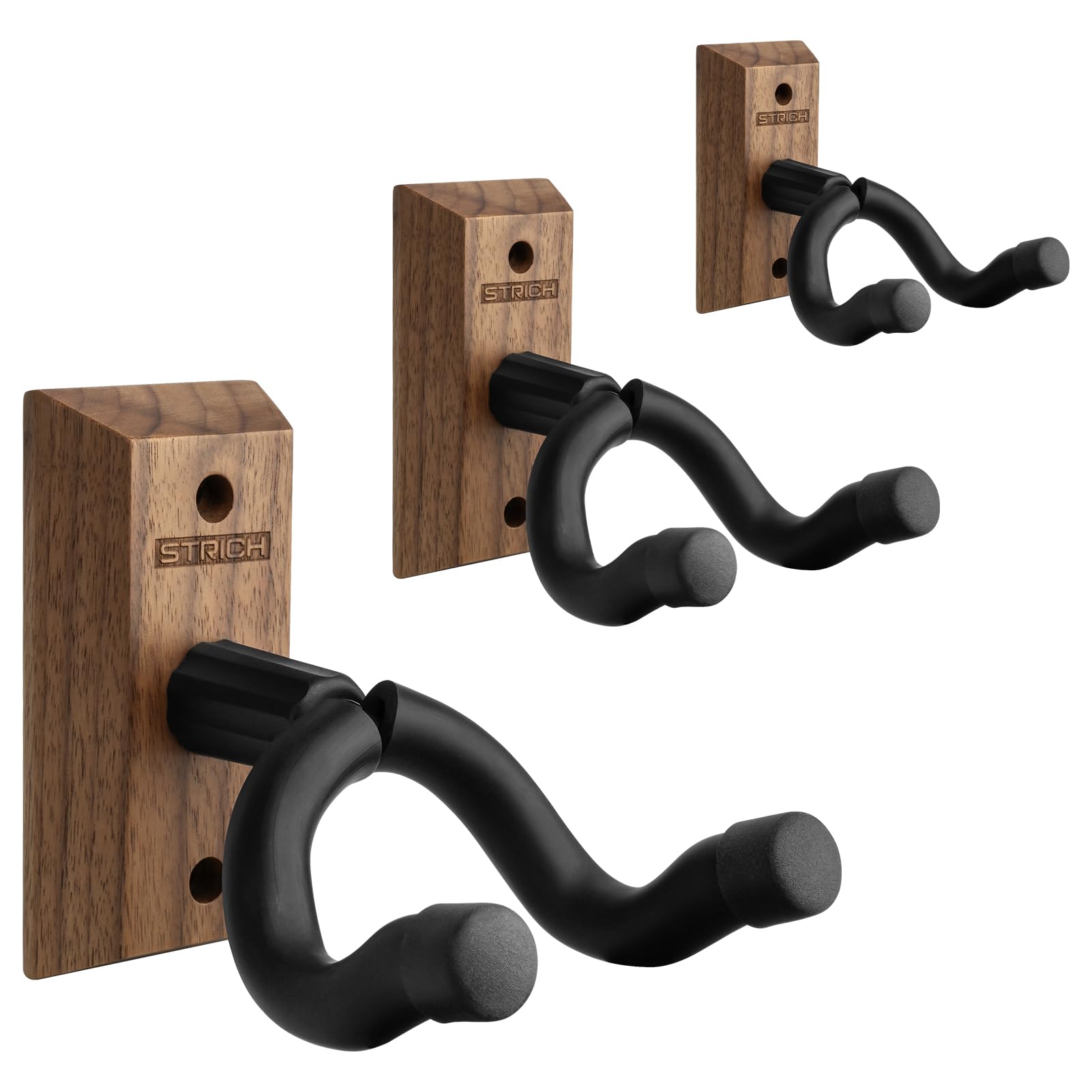 STRICH Guitar Wall Mount, Black Walnut Wood Guitar Wall Hanger, U-Shaped Guitar Stand Holder Hook for Acoustic Electric Guitars, Bass, Ukulele, Violin, Mandolin, Banjo (3 Pack)
