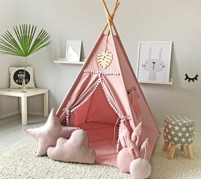 Kids Teepee Tent with White Pom Pom - Indoor Play Teepee for Children Boys Portable Play House (Pink)