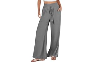 LEHOZIHEQ Women's Cotton Linen Palazzo Pants Summer Solid Trousers Elastic High Waist Wide Leg Pants with Pockets