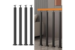 Square Stair Baluster Black Metal Railing Post Indoor- 270° Adjustable Metal Railing Spindles with Flat Bracket Base and Scre