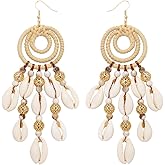BOCAR Statement Boho Rattan Shell Dangle Earrings for Women Handmade Summer Vocation Beach Tropical Accessories Jewelry Gift (ER-1013-Beige)