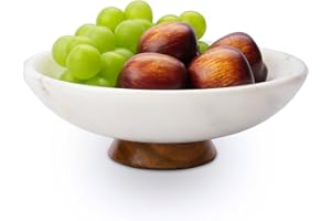 SAMAH White Marble Fruit Bowl with Acacia Wood Pedestal, Large Decorative Footed Bowl, Natural Stone Centerpiece for Kitchen Counter, Entryway, Keys, Dining Table, House Warming Gifts New Home(11Inch)