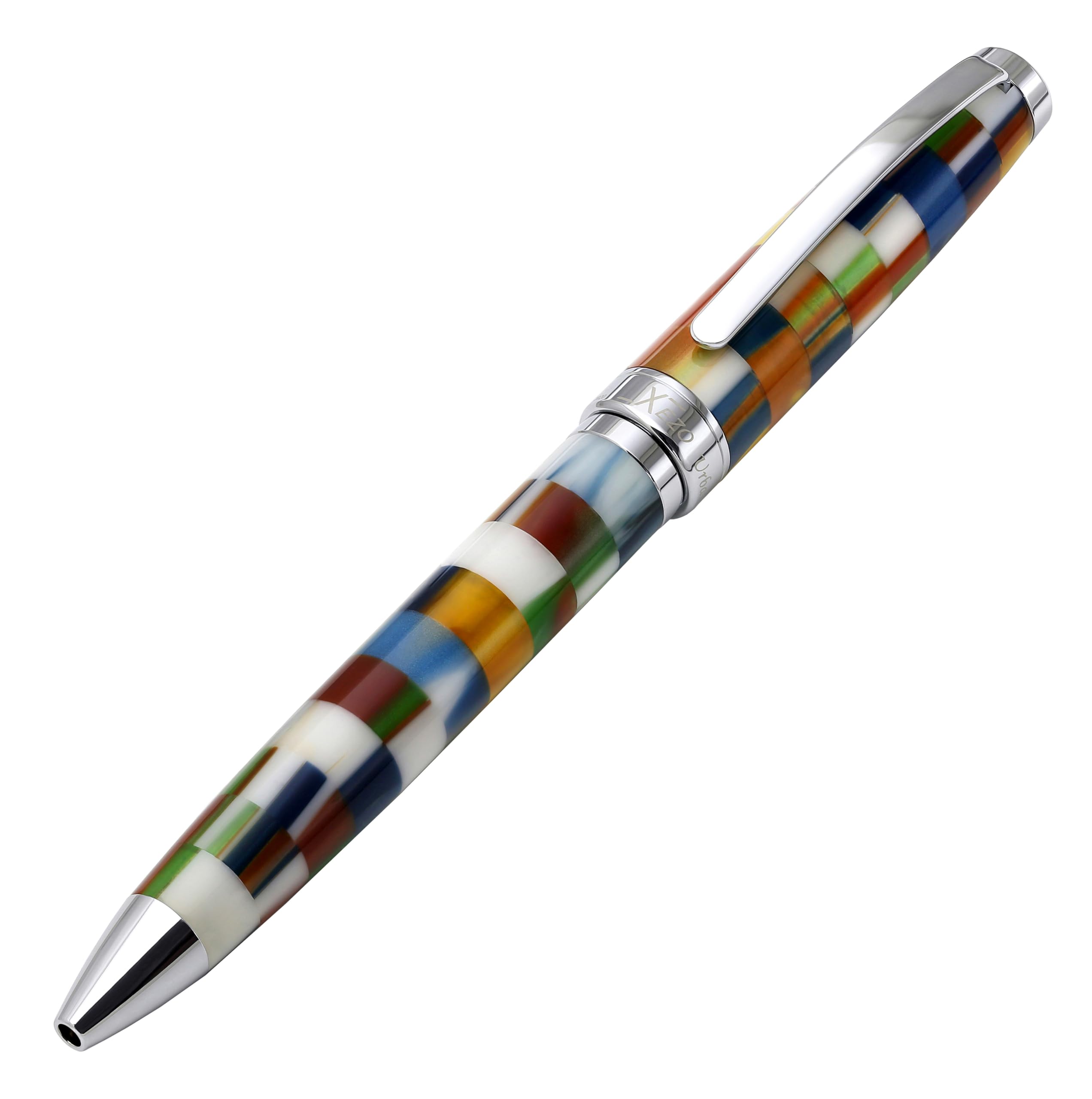 Xezo Urbanite II Twist Action Ballpoint Pen, Medium Point. Jazzy Multicolor Checkered Acrylic on Brass. Chrome Plated. Handcrafted, Limited Edition, Serialized