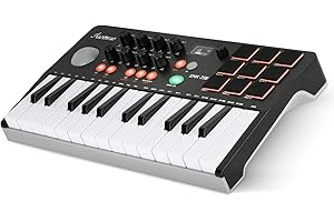 Asmuse EMK-25 Portable MIDI Keyboard, Bluetooth MIDI Keyboard Controller with 9 Backlit Drum Pads, 8 Knobs for Mobile Music Production