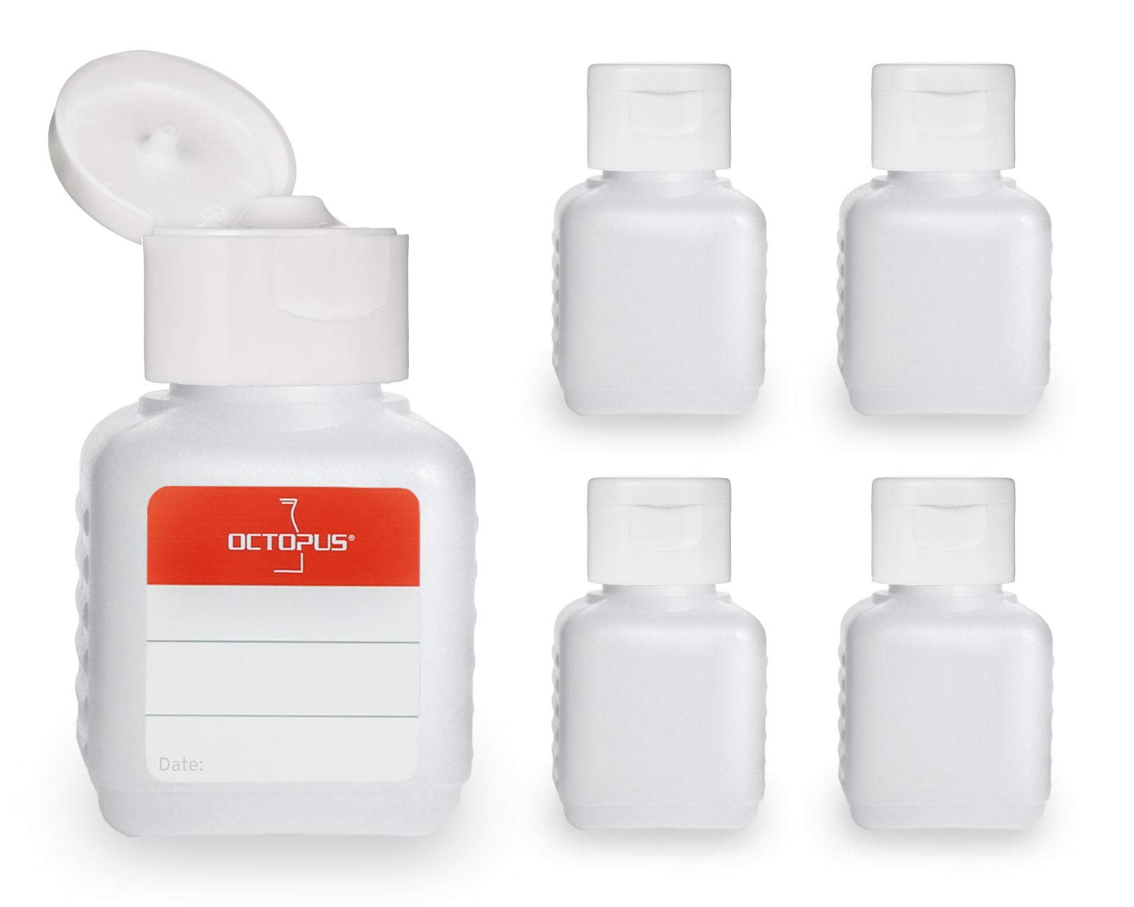 Octopus 5 x 50 ml plastic bottles, HDPE plastic bottles with white flip-top cap, empty bottles with white hinged cap, square bottles incl. 5 labels