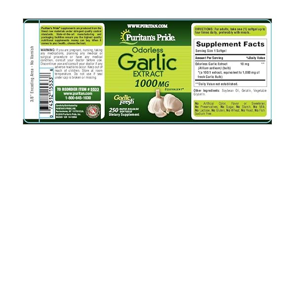 PURITAN’S PRIDE PREMIUM ODORLESS GARLIC FRESH 10 MG (1000MG EQUIVALENT), TRADITIONAL HERB DIETARY SUPPLEMENT FOR HEART AND CIRCULATION SUPPORT WITH ANTIOXIDANT PROPERTIES, 250 RAPID RELEASE SOFTGELS