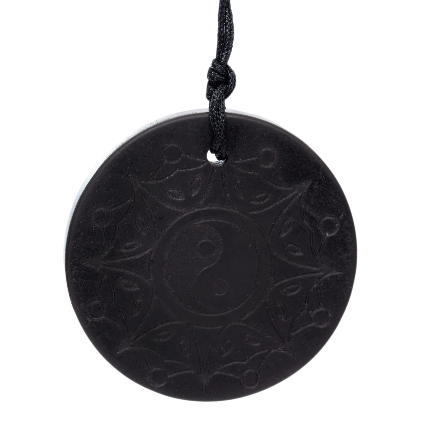 Shungite Engraved Pendant Yin Yang Circle with Cord - Authentic Healing Stone for Chakra and Energy Balancing