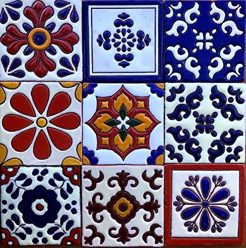 Ceramic Relief Talavera Mexican Tile 4x4", 9 Mixed Design (NOT Stickers) 3