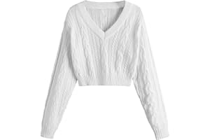 Verdusa Girl's Long Sleeve Cardigan Sweater Drop Shoulder V Neck Knitted Cropped Sweater Jumper Tops