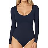 MANGOPOP Long Short Sleeve Bodysuits for Women Scoop Neck Ribbed Body Suit Stretchy Basic T Shirt Tops