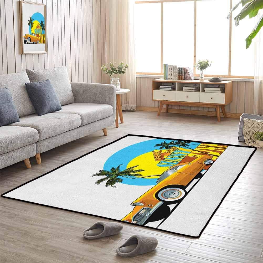 Retro Kids Playmat Vintage Car in Magic City Miami with Exotic Coconut Trees Sunny Day Beach Kids Baby Toddler Outdoor or Indoor Use 6'x9' Yellow Blue Orange