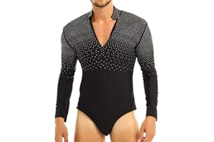 YiZYiF Men's Sequins V Neck Dance Shirts Unitard Ballroom Modern Latin Long Sleeve Dancewear
