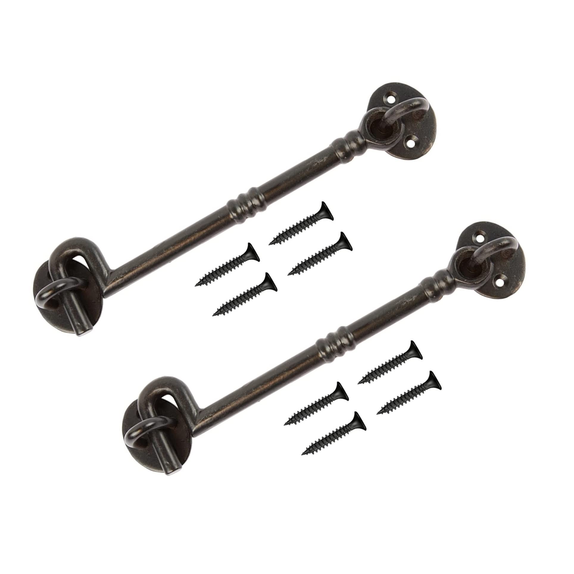 TERF® 200mm Heavy Duty Antique Black Cabin Door Hook and Eye Lock 200mm (8 inch) Cabinet Latch Catch including Fixing Screw For Door Gate Window Closet Shed Latch - Pack of 2