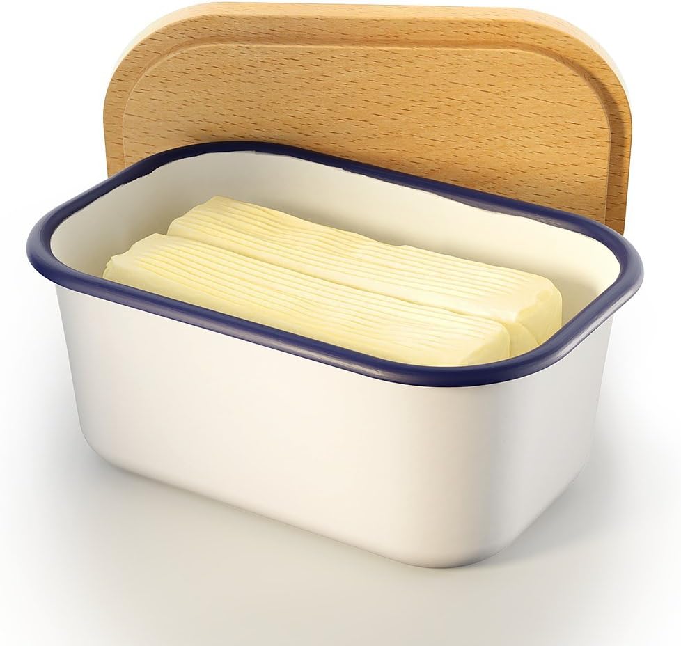 Large Butter Dish with Lid (White/Blue) Covered Enamel