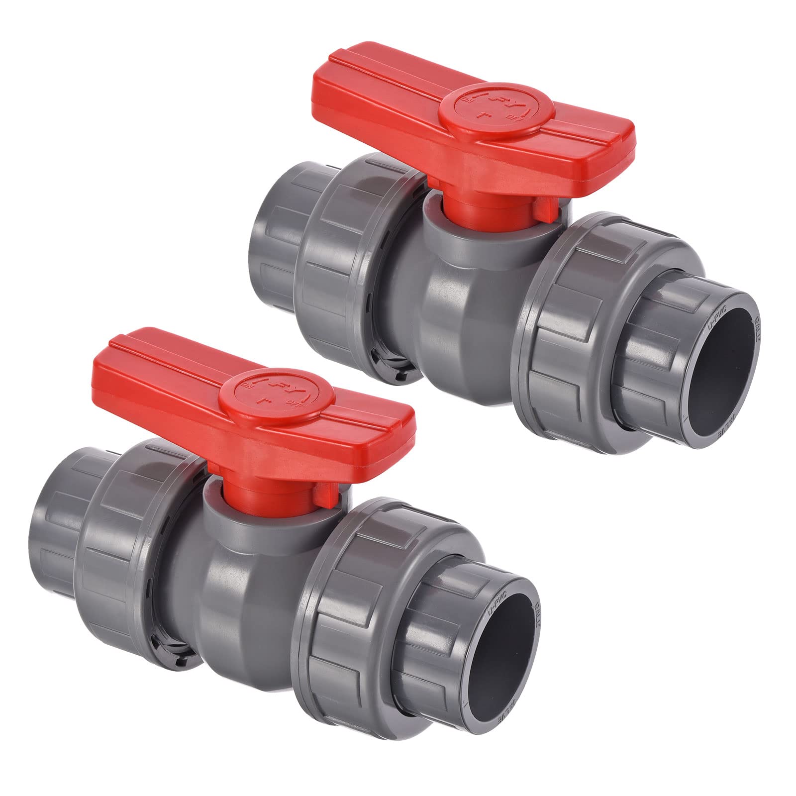 PATIKIL 32mm ID Double Union Ball Valve, 2 Pack PVC Socket Type Shut-off Valve Switch for Water Flow Control, Gray